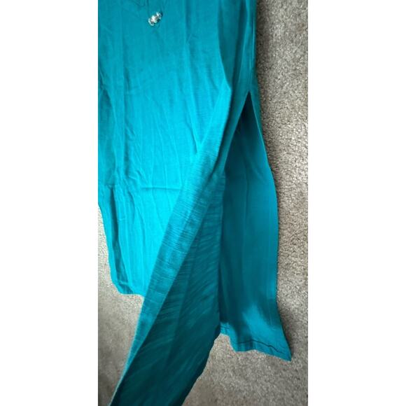 Mid Length Teal Kurta Shalwar Linen Stitched Traditional Women Dress Pant Large - Picture 4 of 16
